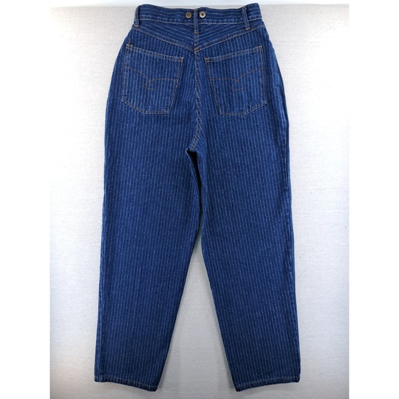 Vtg Suspender Button Jeans Women 9 Fits 4 27.5x29in Blue Pinstripe Retro Baggy - Picture 3 of 8